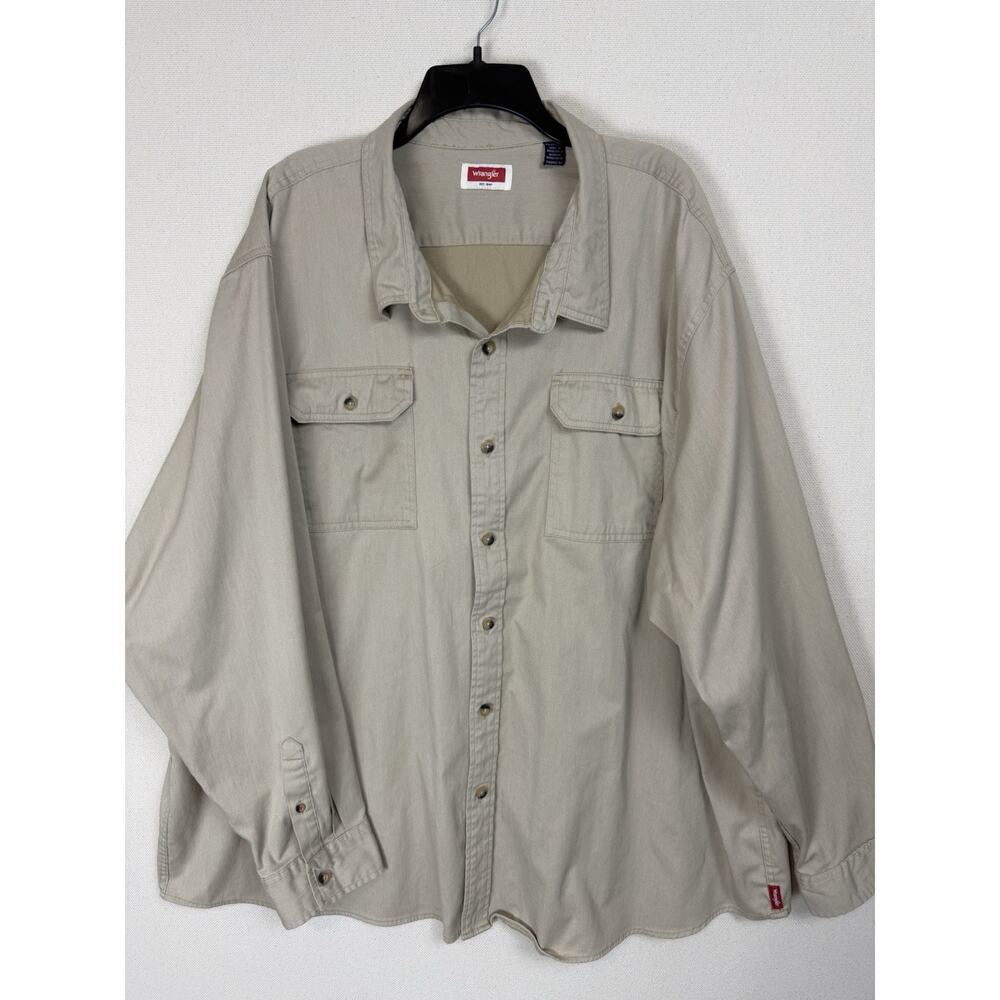 Wrangler Men's Beige Khaki Shirt Work Denim Long Sleeve Button Up Pockets 4XL